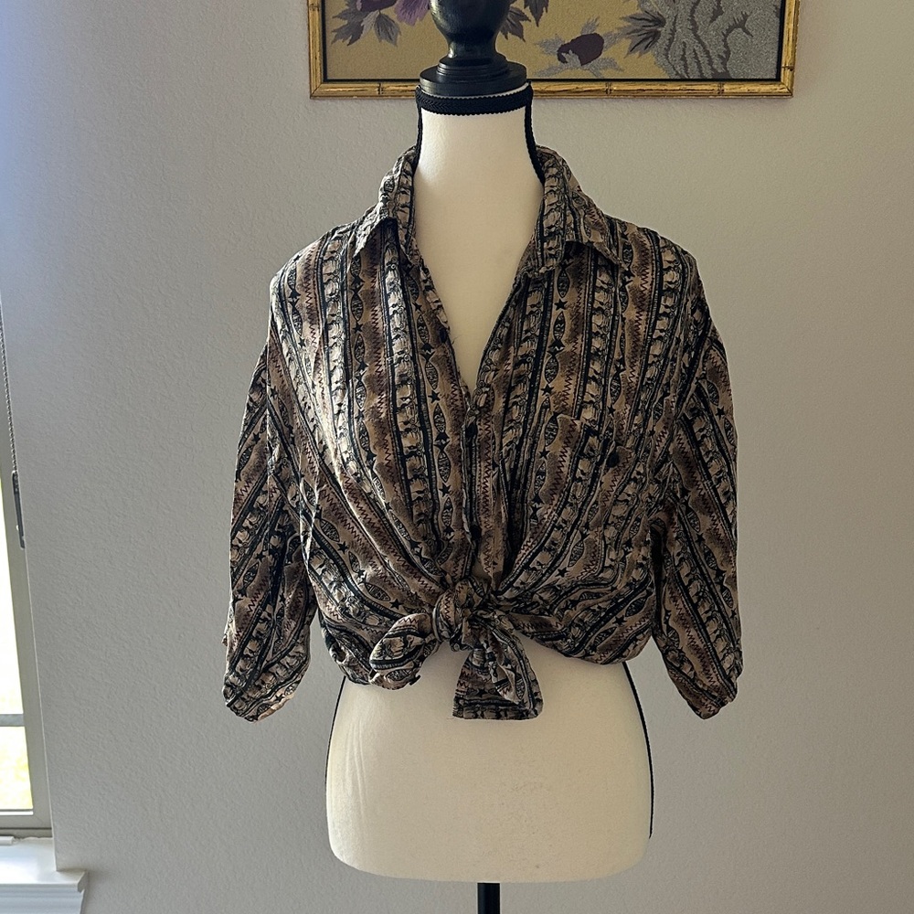 Vintage “Pure” Brown and Black Patterned Button Down Silk Shirt